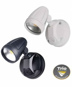 Two adjustable Muro pro 30S outdoor LED wall lights—one white, one black—each with "Trio Technology" for three color options.