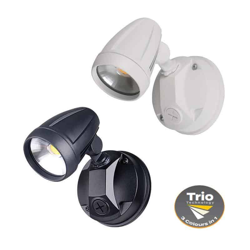 Two adjustable Muro pro 30S outdoor LED wall lights—one white, one black—each with "Trio Technology" for three color options.
