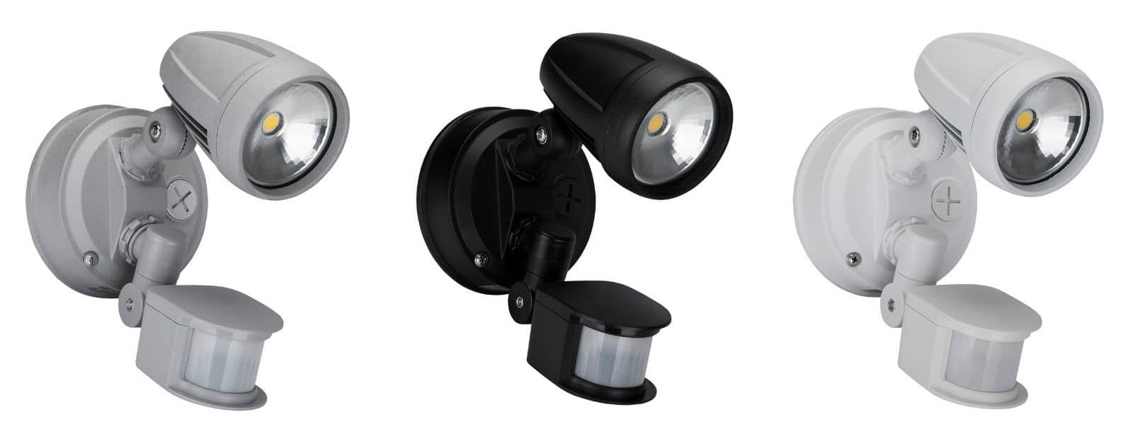 Three Muro pro 30S wall-mounted outdoor security lights with motion sensors, available in silver, black, and white finishes. Each light features an adjustable lamp and a sensor below.