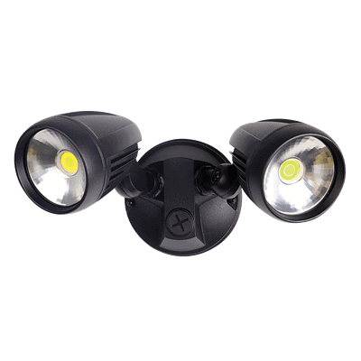 The Muro pro 30S is a black outdoor LED security light featuring two adjustable lamp heads on a round base.