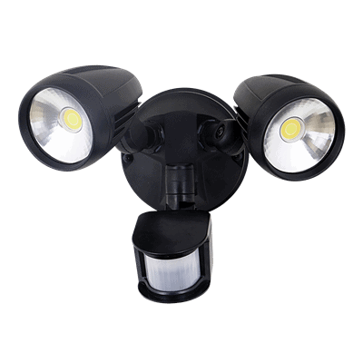 The Muro Pro 30S is a black outdoor security light with two adjustable round LED heads and a motion sensor positioned below them.