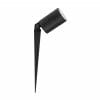 The Oasis HV1429-BLK is a black outdoor spotlight with a cylindrical adjustable head, mounted on a ground spike for easy installation.
