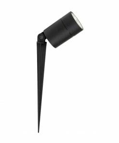 The Oasis HV1429-BLK is a black outdoor spotlight with a cylindrical adjustable head, mounted on a ground spike for easy installation.