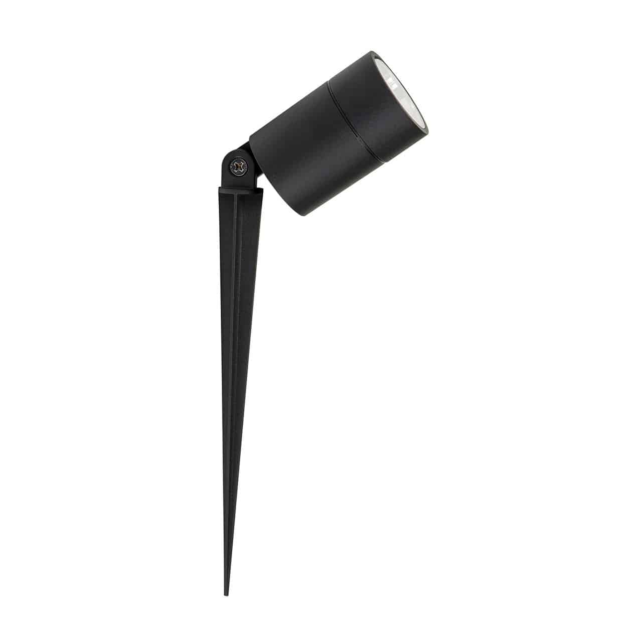 The Oasis HV1429-BLK is a black outdoor spotlight with a cylindrical adjustable head, mounted on a ground spike for easy installation.