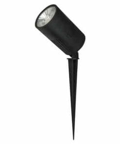 Zoom LED spike 30w features a cylindrical head and pointed stake base, designed for easy ground installation in outdoor spaces.