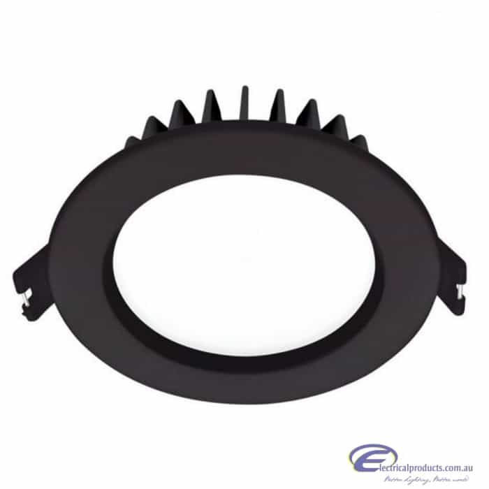 The Optica 10W Tri-colour LED downlight features a black circular frame, finned heat sink, and two mounting clips, shown from a slight angle.