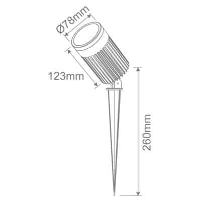 Line drawing of the Zoom LED spike 30w on its stake, with spotlight dimensions of 78mm diameter and 123mm length, totaling 260mm in height including the stake.