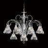 The Asfour Crystal 031 32" 12-Light Pendant features eight curved arms with clear, flower-shaped glass lampshades, elegantly suspended against a sleek black background for a modern chandelier look.