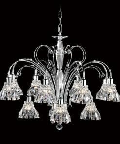 The Asfour Crystal 031 32" 12-Light Pendant features eight curved arms with clear, flower-shaped glass lampshades, elegantly suspended against a sleek black background for a modern chandelier look.