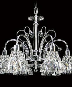 A modern Asfour crystal 2013 24" pendant with multiple curved metal arms and six crystal lampshades, set against a black background.