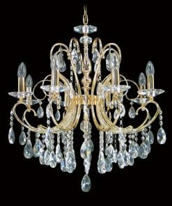 The Asfour crystal 2013 24" 6 light pendant features gold arms, candle-style bulbs, and sparkling Asfour crystal ornaments, beautifully showcased against a black background.