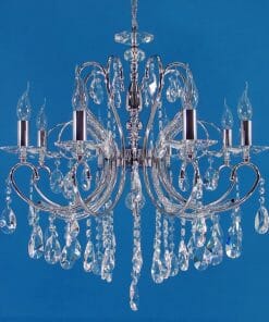 The Asfour Crystal 2013 24" 6 light pendant features a silver finish with multiple candle-style lights and sparkling Asfour crystal accents, elegantly displayed against a blue background.