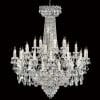 The Asfour crystal 6000 - 47" chandelier features 51 candle-style lights arranged in tiers with ornate detailing and hanging crystal drops, set against a black background.