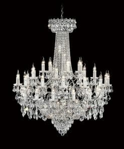 The Asfour crystal 6000 - 47" chandelier features 51 candle-style lights arranged in tiers with ornate detailing and hanging crystal drops, set against a black background.