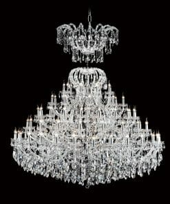 The Asfour Crystal 6630 79" 90 Light Pendant chandelier features multiple tiers, illuminated lights, and hanging crystal pendants, all showcased against a striking black background.