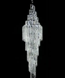 The Asfour Crystal 7018 18" pendant features 18 lights and cascading rectangular prisms, creating a striking tiered effect against a black background.