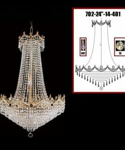 The Asfour crystal basket 702-32"-14mm chandelier, featuring large ornate 14mm crystals, hangs against a black background; an inset diagram highlights its dimensions and the detailed crystal basket components.