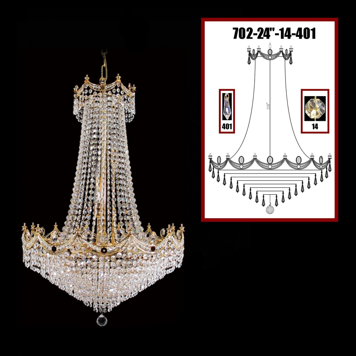 The Asfour crystal basket 702-32"-14mm chandelier, featuring large ornate 14mm crystals, hangs against a black background; an inset diagram highlights its dimensions and the detailed crystal basket components.