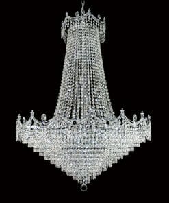 The Asfour crystal basket 702-32"-14mm is a large, ornate chandelier with multiple tiers of 14mm crystals and elegant decorative elements, beautifully suspended against a black background.