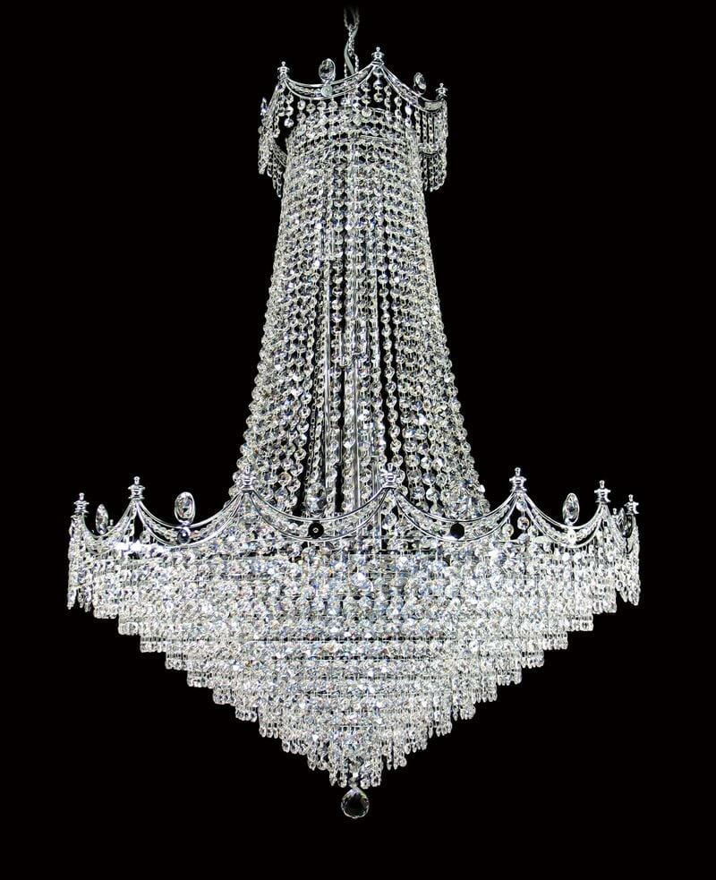 The Asfour crystal basket 702-32"-14mm is a large, ornate chandelier with multiple tiers of 14mm crystals and elegant decorative elements, beautifully suspended against a black background.