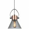 The Fumoso pendant range features a modern transparent conical glass shade, exposed filament bulb, and rose gold metallic fixture suspended by a black cord—an elegant choice for any pendant lighting collection.