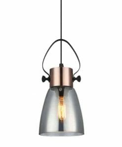 A stylish Fumoso pendant from our range featuring a clear glass shade, visible filament bulb, and metallic copper and black fixture.