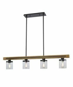 The Meti 1 pendant is a rectangular light fixture in black and wood with four exposed bulbs, each inside a cylindrical glass shade, hanging from the ceiling by two rods.