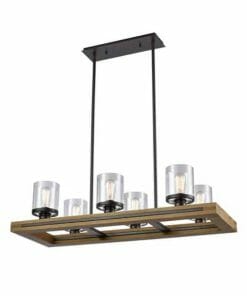 The Meti 1 pendant is a rectangular chandelier with a wooden frame, six glass cylinder shades, exposed bulbs, and two black suspension rods attached to a rectangular ceiling mount.