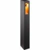 The Dorset 650 Garden Bollard is a tall, rectangular black light with a square cutout near the top, displaying a warm glowing bulb inside.