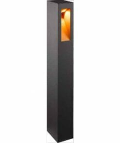 The Dorset 650 Garden Bollard is a tall, rectangular black light with a square cutout near the top, displaying a warm glowing bulb inside.