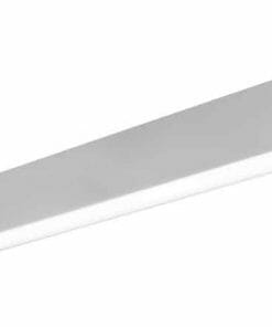 A Gamma 80W LED light fixture in white, rectangular in shape, hangs suspended from two cables against a plain background. It is available in black or white finishes.