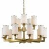 The Ahern 15 gold pendant is a modern chandelier with two tiers of cylindrical white glass shades and a sleek gold metal frame, elegantly suspended by a chain.