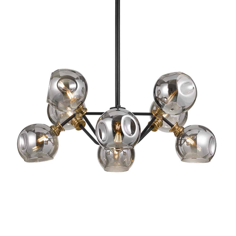 The Annabel 8 pendant is a modern chandelier with six smoky glass globe shades on black and brass arms, suspended from a sleek black rod.