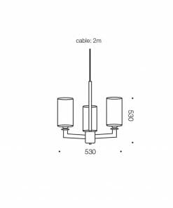 Line drawing of the Ahern 3 gold pendant, a three-light fixture with a 2-meter cable; both width and height are 530 mm.