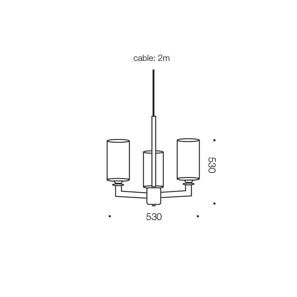 Line drawing of the Ahern 3 gold pendant, a three-light fixture with a 2-meter cable; both width and height are 530 mm.