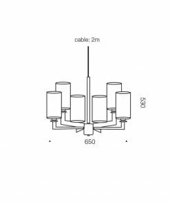 Line drawing of the Ahern 6 gold pendant chandelier with cylindrical shades, 650 mm wide, 530 mm high, and a 2-meter cable.