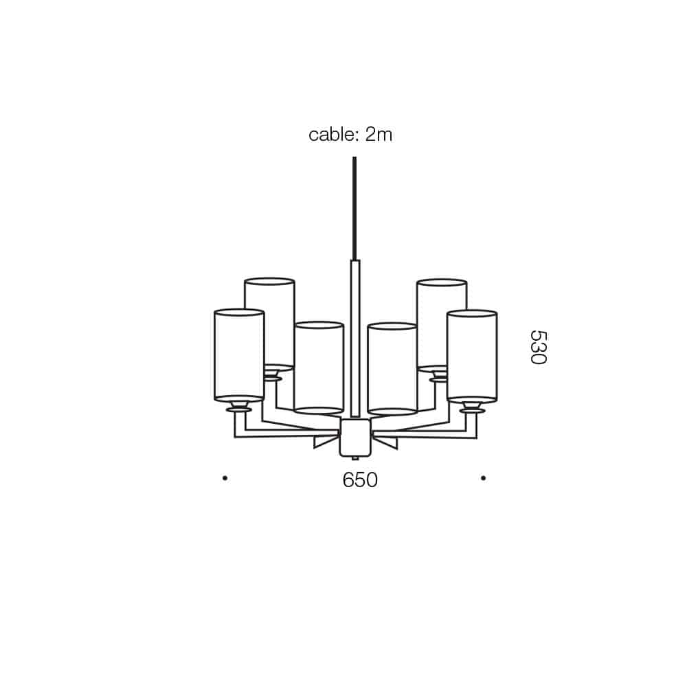 Line drawing of the Ahern 6 gold pendant chandelier with cylindrical shades, 650 mm wide, 530 mm high, and a 2-meter cable.