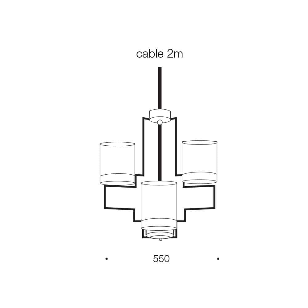 Line drawing of the Alvarez 4 pendant, showing three cylindrical shades with a 2m cable length and 550mm width.