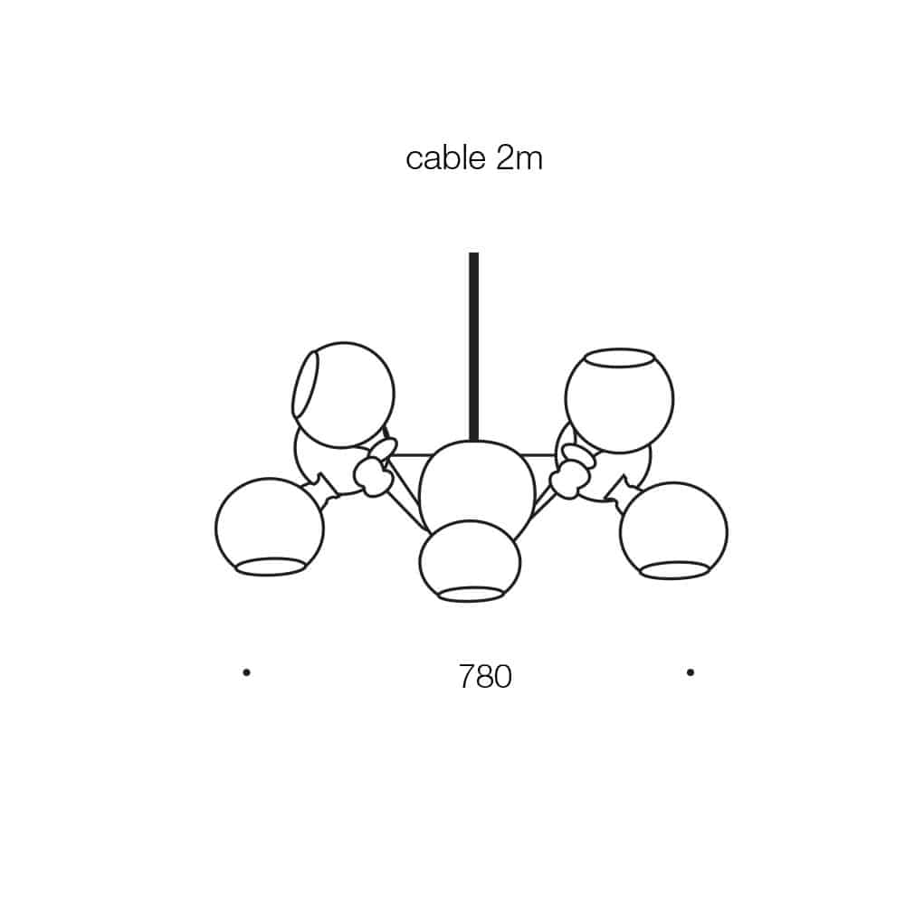 Top-down line drawing of the Annabel 8 pendant, featuring five bulbs, a 2m cable, and a width of 780mm.