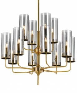 The Decrola 12 light pendant features multiple brass arms with cylindrical clear glass shades and exposed bulbs, making it a striking modern chandelier ideal for contemporary spaces.