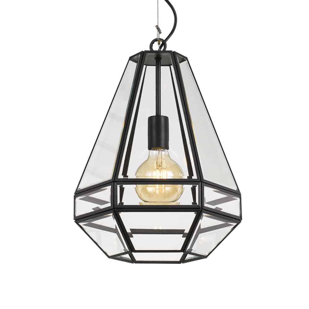 The Espada 30 black pendant is a geometric light fixture with a sleek black metal frame and clear glass panels, showcasing an exposed bulb at the center.