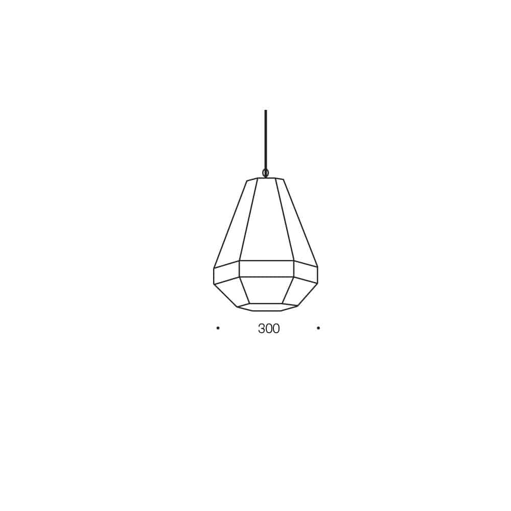 Line drawing of the Espada 30 black pendant geometric light hanging from a cord, showing its labeled width of 300 units.