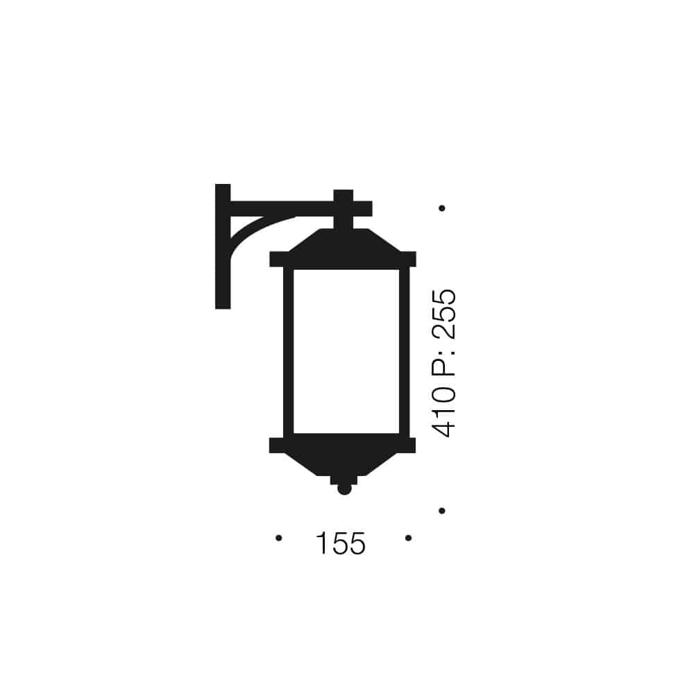 Black silhouette of the Havard 225 exterior light, a wall-mounted lantern, with labeled dimensions: 410 (vertical), P: 255, and 155 (horizontal).