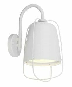 The Hink Exterior Wall Light in white has a curved arm and a protective wire cage around the shade, making it ideal for stylish outdoor lighting.