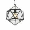 The Lazlo 30 pendant is a geometric pendant light with a black metal frame and clear glass panels, showcasing an exposed bulb inside.