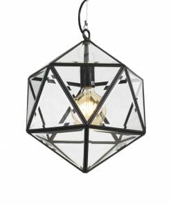 The Lazlo 30 pendant is a geometric pendant light with a black metal frame and clear glass panels, showcasing an exposed bulb inside.