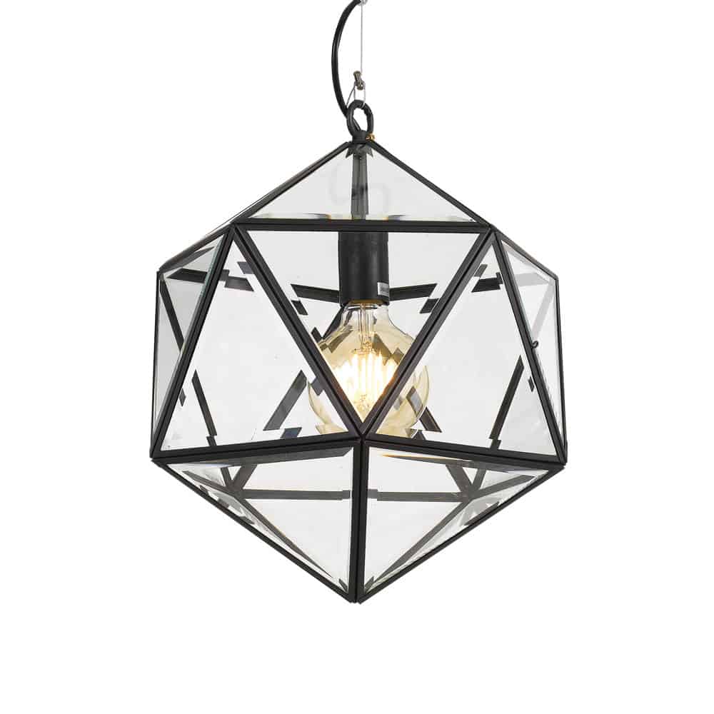 The Lazlo 30 pendant is a geometric pendant light with a black metal frame and clear glass panels, showcasing an exposed bulb inside.