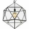 The Lazlo 50 pendant features a geometric black metal frame and glass panels, displaying an exposed bulb inside for a stylish look.