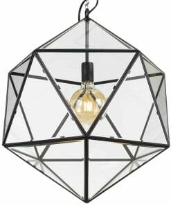 The Lazlo 50 pendant features a geometric black metal frame and glass panels, displaying an exposed bulb inside for a stylish look.
