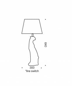 Line drawing of the Nala table lamp showing a cat-shaped base, labeled height 640 mm, width 300 mm, with a line switch at the base.